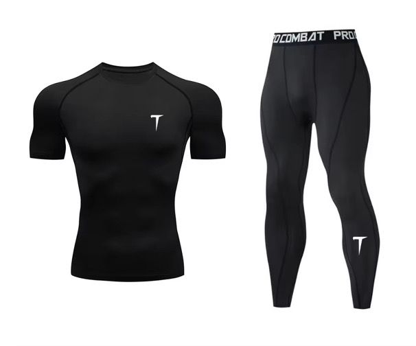 Black athletic shirt and leggings set with a logo on a white background
